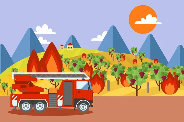 Camion dei pompieri a vigneto in fiamme, situazione di emergenza disastro boschivo, illustrazione vettoriale — Vettoriale Stock