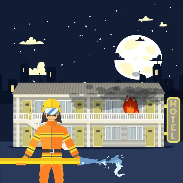 Firefighter man with water hose at burning motel, emergency service in flat cartoon style, vector illustration — Stockvector