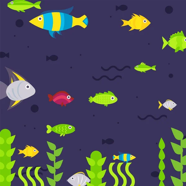 Peces nadando bajo el agua, simples criaturas marinas aisladas en estilo plano, ilustración vectorial — Vector de stock