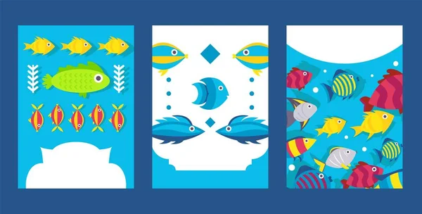 Banderas de peces de estilo plano, volante imprimible para tienda de mascotas de acuario, ilustración vectorial — Vector de stock