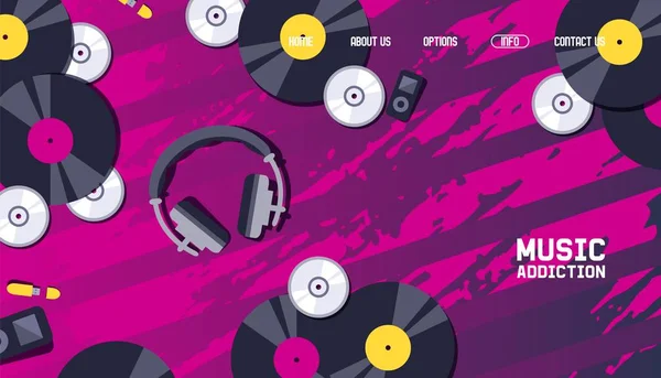 Music website design, vinyl record discs and headphones on abstract background, vector illustration — Stockvector