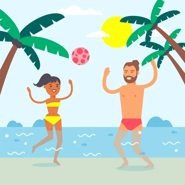 Coppia in vacanza estiva, persone che giocano a palla in mare, uomo e donna per il tempo libero, illustrazione vettoriale — Vettoriale Stock