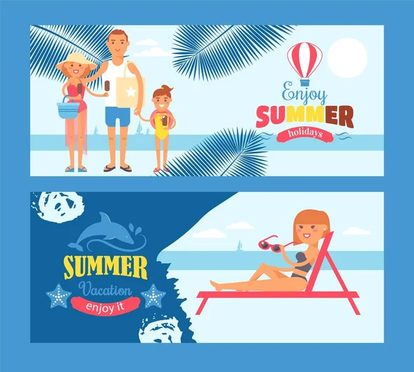 Banner de férias de verão, viajar para resort à beira-mar com a família, personagens de desenhos animados das pessoas, ilustração vetorial —  Vetores de Stock