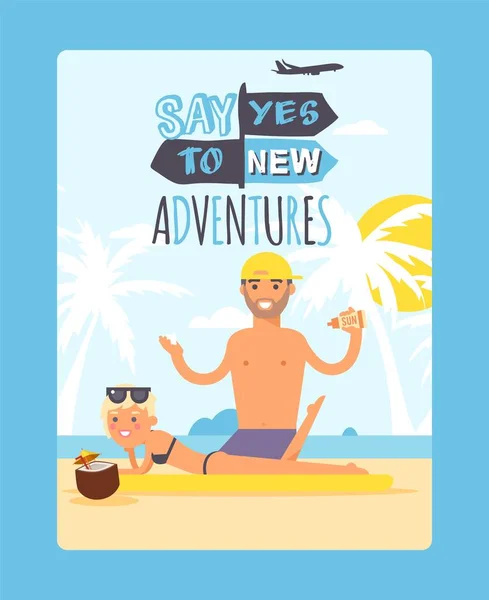Afiche tipográfico de vacaciones de verano, frase inspiradora, personas relajándose en la playa, ilustración vectorial — Archivo Imágenes Vectoriales