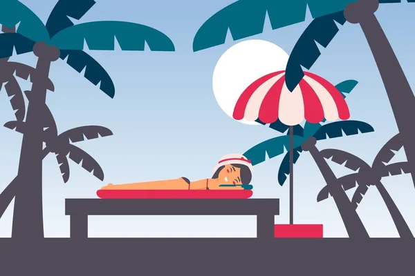 Summer vacation on tropical island, girl suntanning under palm trees, flat cartoon character, vector illustration