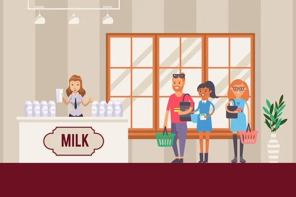 Milk seller in shop, dairy product presentation campaign, people cartoon characters in store, vector illustration — Wektor stockowy