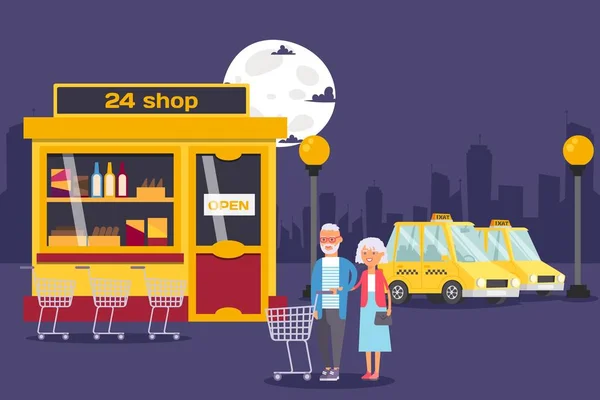 Elderly couple shopping in round the clock grocery store at night, cartoon people vector illustration — Stock vektor