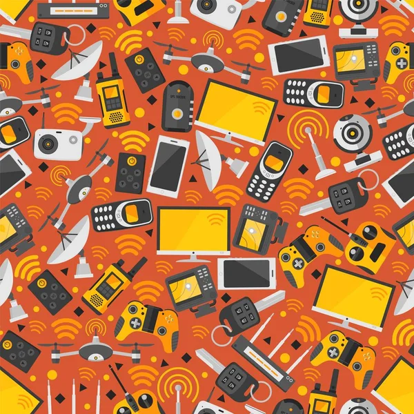 Gadgets and devices in seamless pattern, internet wifi signal technologies, vector illustration — Stockvector