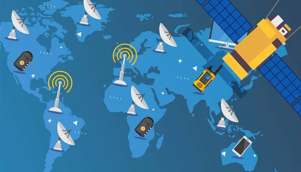 Satellite signal to antennas and electronic receivers, wireless internet connection navigation, vector illustration — 스톡 벡터