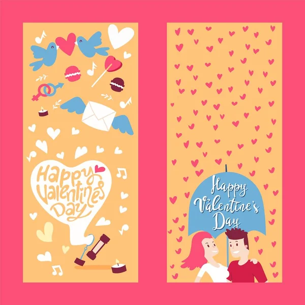 Happy valentine day vertical banner with lettering, romantic people couple in love, vector illustration