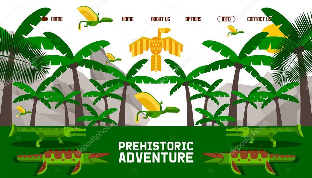 Dinosaur prehistoric adventure, website in simple geometric cartoon style, vector illustration