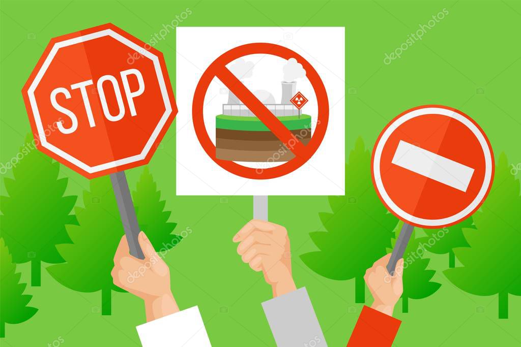 Protest against industrial pollution, environment activist demonstration meeting, hands holding signs, vector illustration