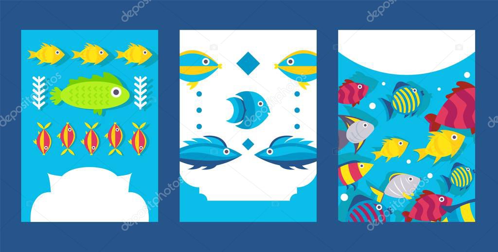 Fish banners in flat style, printable flyer for aquarium pet store, vector illustration