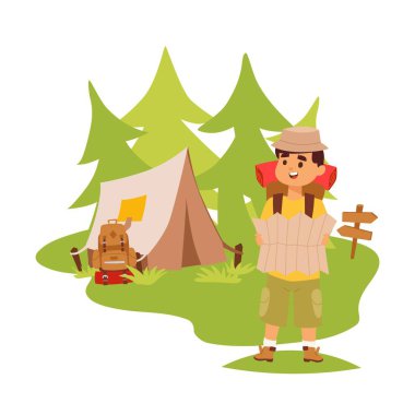 Camper tourist tent outdoor, hiking with backpack, vector illustration. Man with map exploring nature, cartoon character, outdoor adventures. clipart