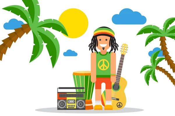 Rastafariano personaggio dei cartoni animati su strumenti musicali rastaman Giamaica, persone vettoriale illustrazione — Vettoriale Stock