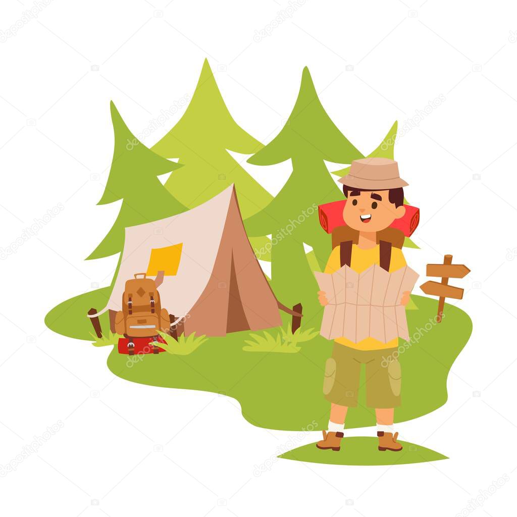 Camper tourist tent outdoor, hiking with backpack, vector illustration. Man with map exploring nature, cartoon character, outdoor adventures.