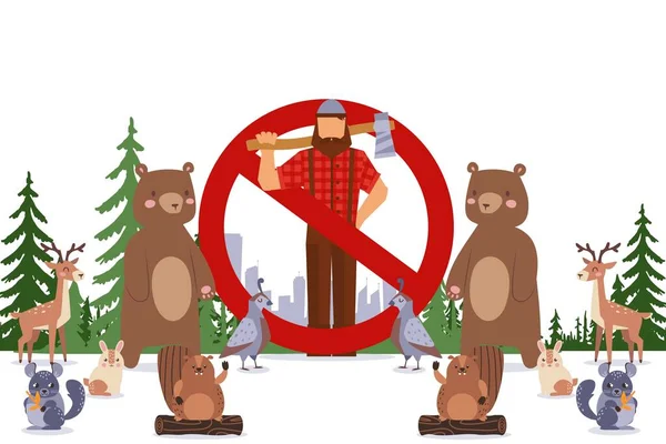 Caractère dessin animé bûcheron avec hache en chemise à carreaux dans le vecteur forestier illustration plate pour le concept de déforestation illégale . — Image vectorielle