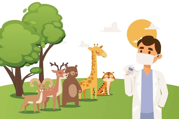 Veterinarian doctor in mask and lab coat with thermometer inspects wild animals deer, giraffe, ram, bear, tiger vector illustration.