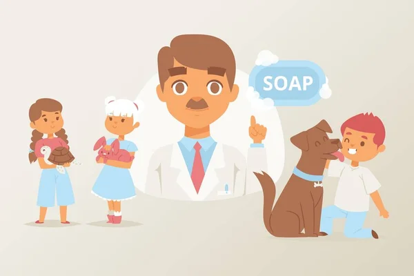 用肥皂洗手，然后用动物传病媒介，用小女孩、男孩子和他们的宠物来说明，以达到教育的目的. — 图库矢量图片