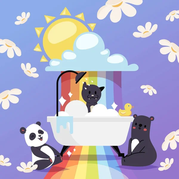 Animali che prendono bagno vettoriale illustrazione, simpatici personaggi dei cartoni animati panda, gatto e orso nella vasca da bagno con acqua bollita e anatra . — Vettoriale Stock