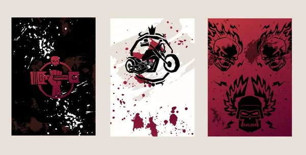 Grunge poster design vetor ilustração com motocicleta e crânio, conjunto de modelos de banner vintage para salão de tatuagem, concerto de rock — Vetor de Stock