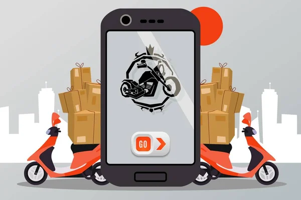 Kolo dodávka služba vektorové ilustrace pro odeslání aplikace s displejem smartphone a červenou motocykl plný krabic. — Stockový vektor