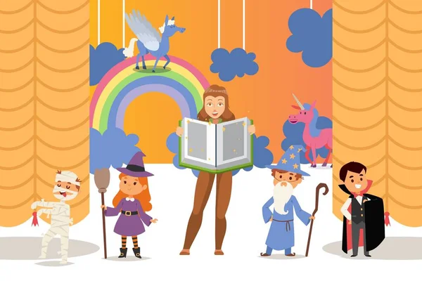 Kindertheateraufführung Vektorillustration mit Kinder-Cartoon-Figuren in Kostümen auf der Bühne und Frau mit Märchenbuch. — Stockvektor
