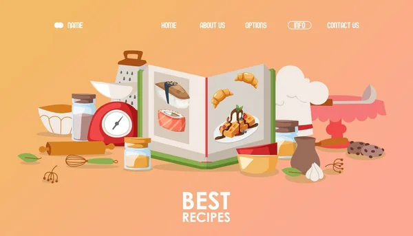 İniş sayfası şablonu veya web sitesi için aşçılık tarifleri, mutfak gereçleri öğeleri içeren yemek kitabı vektör çizimi. — Stok Vektör