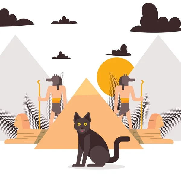 Черная кошка и элементы векторной иллюстрации древнеегипетской культуры, египетский бог Анубис с головой шакала, пирамиды и сфинкса . — стоковый вектор