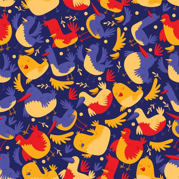 鳥のシームレスなパターンベクトル図、漫画スタイルのかわいい鳥のための青い背景に生地のプリントデザイン、装飾. — ストックベクタ