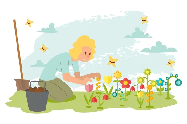 Nő ültető virágok tavaszi kertben, rajzfilm karakter lapos stílusban, vektor illusztráció — Stock Vector