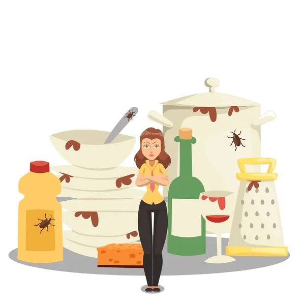 Montón de platos sucios, personaje de dibujos animados mujer enojada, cocina desastre vector ilustración — Archivo Imágenes Vectoriales