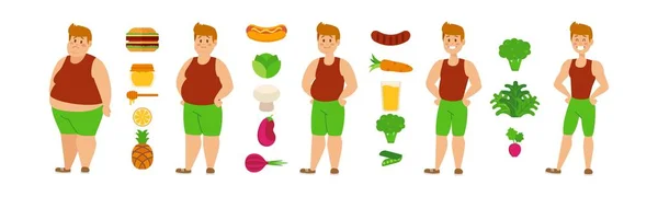 Vegán étrend fogyás és az egészséges életmód, elhízott férfi fordul fitt jóképű srác, vektor illusztráció — Stock Vector