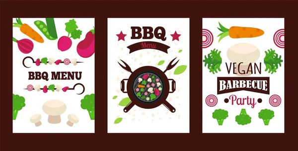 Banner de barbacoa vegetariana, plantilla de cubierta de menú de parrilla vegana, conjunto de iconos de estilo plano, ilustración vectorial — Vector de stock