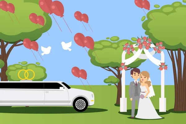 Cérémonie de mariage dans le parc d'été, couple heureux marié et mariée, limousine de luxe, illustration vectorielle — Image vectorielle