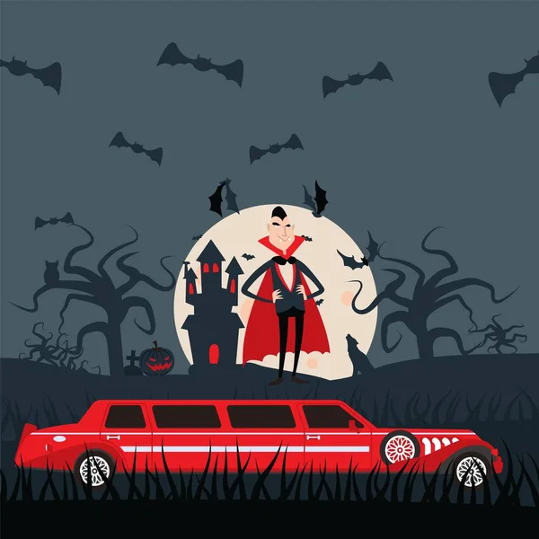 Personagem de desenho animado Vampiro Drácula, carro de limusine de luxo para noite de Halloween, ilustração vetorial — Vetor de Stock