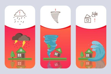 Gezici afişler kötü hava, kasırga, sel, fırtına ve şiddetli yağmur vektör çizimleri. İnternet sitesi için web posteri.
