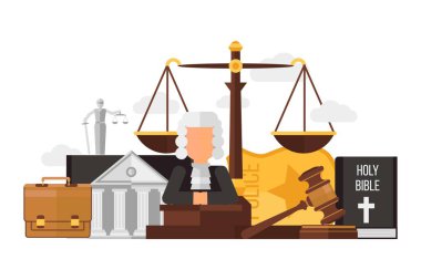 Hukuk ve adalet beyaz, düz vektör illüstrasyonunda izole edildi. Yargıç, çekiç, kutsal kitap, mahkeme, dava, terazi, polis rozeti ikonu.