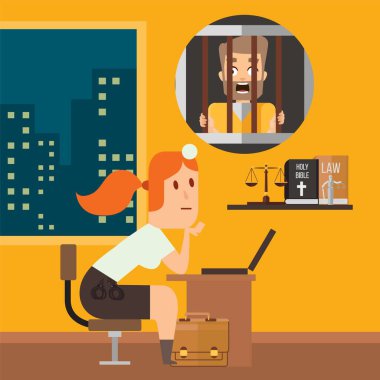 Kadın savcı elinde kutsal kitapla davayla oturuyor. Ceza davasını düşünüyor. Düz vektör çizimi. Web pankartı tasarla.