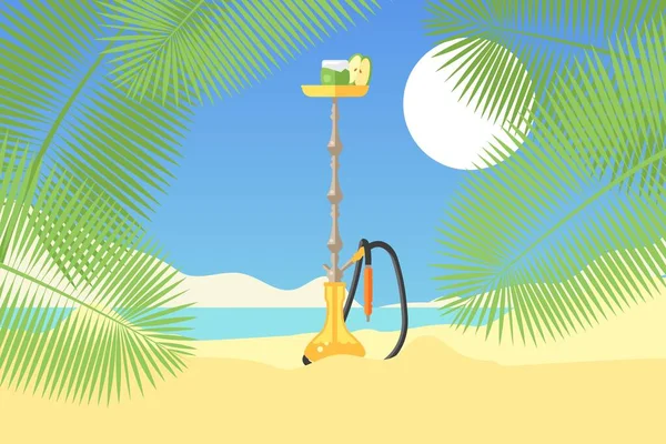 Narguilé sur la plage de sable tropical, palmier vert, soleil. Concept et illustration vectorielle plate. Kalyan au bord de la mer, bannière web design . — Image vectorielle