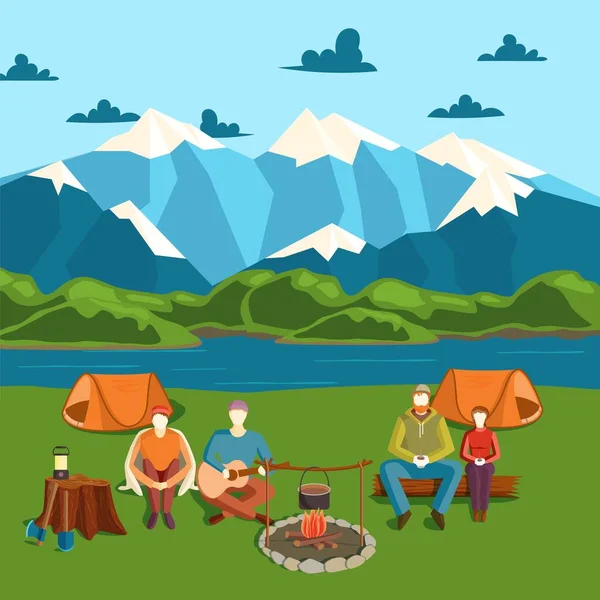 야외 파티 벡터 삽화가 있는 캠핑 텐트 깃발. 해변, 산, 강에 모닥불. 사람들의 캐릭터를 디자인하고. — 스톡 벡터