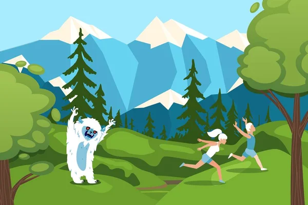 Personaje hombre, mujer huyendo de bigfoot en el bosque en la ilustración vector de fondo de montaña. Monstruo Yeti de ataque forestal . — Archivo Imágenes Vectoriales
