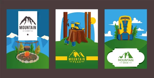 Mountain peak flyer, banner för vandring företag vektor illustration. Affisch, lappkläder med lägereld, fjällkänga, ryggsäck. — Stock vektor