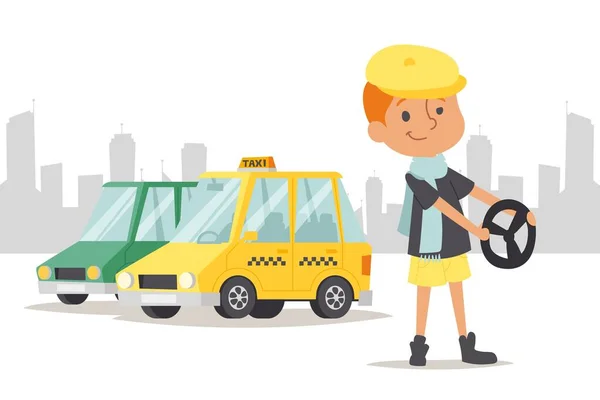 Enfant conducteur stand voiture, taxi sur fond de ville illustration vectorielle. profession de chauffeur enfant, passe-temps de conduite de jeune personnage . — Image vectorielle