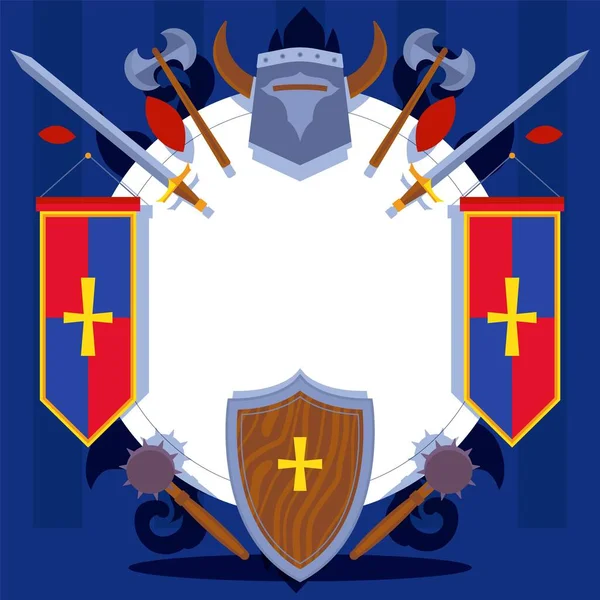 Knight pattern for greeting card, website banner. Medieval helmet, sword, shield, mace, weaponry vector illustration. — Stock Vector