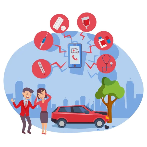 Flat people, man and woman, car accident crash into tree, online medical insurance vector illustration on isolated white — Stock Illustration Flat people, man and woman, car accident crash into tree, online medical insurance vector illustration on isolated white Stock Vector