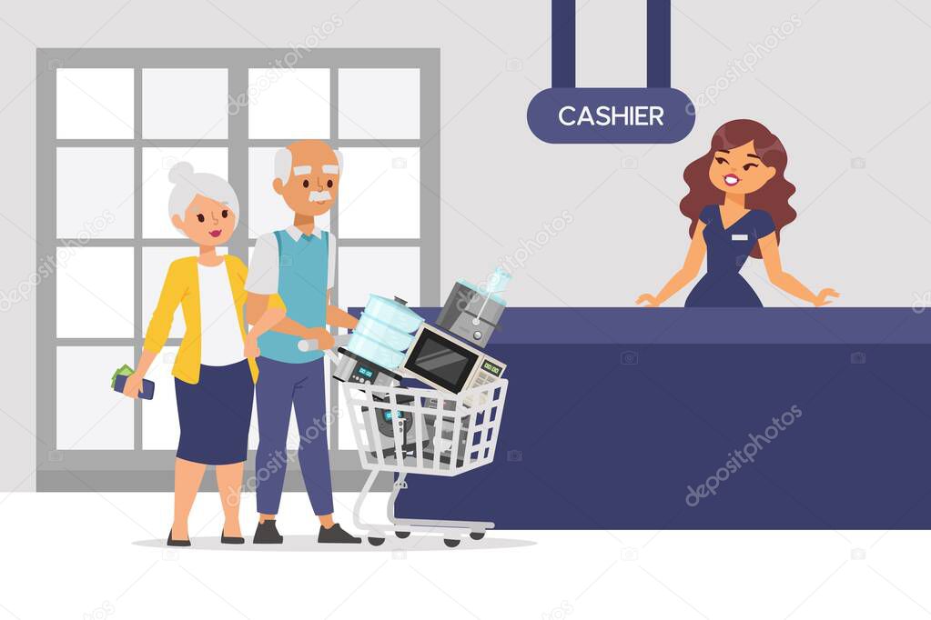 Elderly couple buy small appliance in store, character of male and female vector illustration. People carry for kitchen appliances.