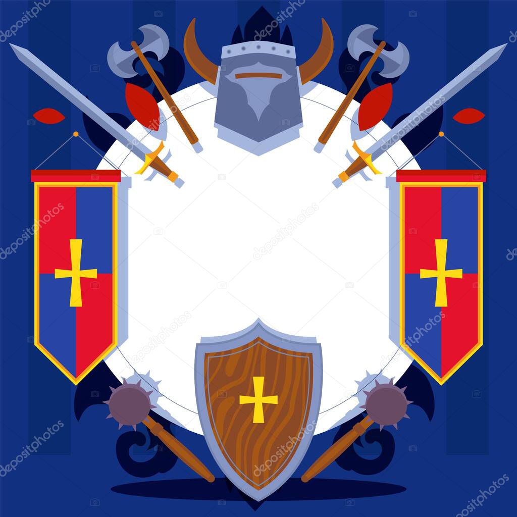 Knight pattern for greeting card, website banner. Medieval helmet, sword, shield, mace, weaponry vector illustration.
