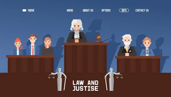 Banner web law and justice, gericht mit jury und richter, abwartender fallvektor illustration. Kontakt, über uns, Heimat, Optionen-Taste. — Stockvektor