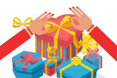 Kadın karakter açılış hediyesinin elleri, izometrik vektör çizimi. Kadının elleri hediye olarak kurdele almış. Tasarım kırgınlığı, hatıra..